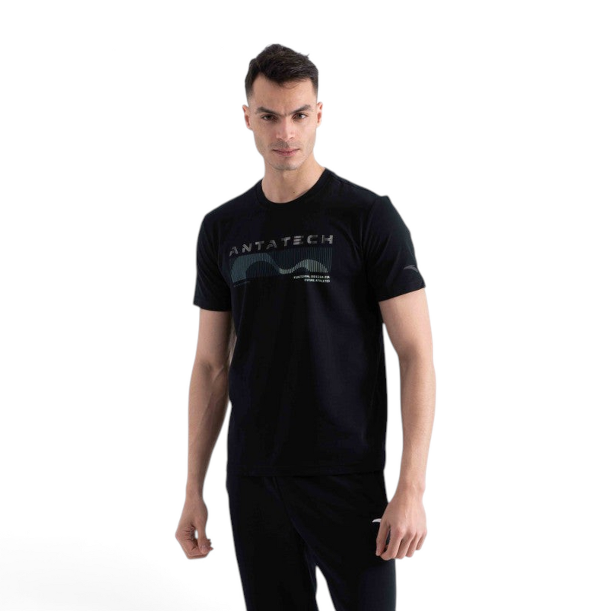 FRG black short-sleeve t-shirt with Antatech graphic print worn by a male model against a white background