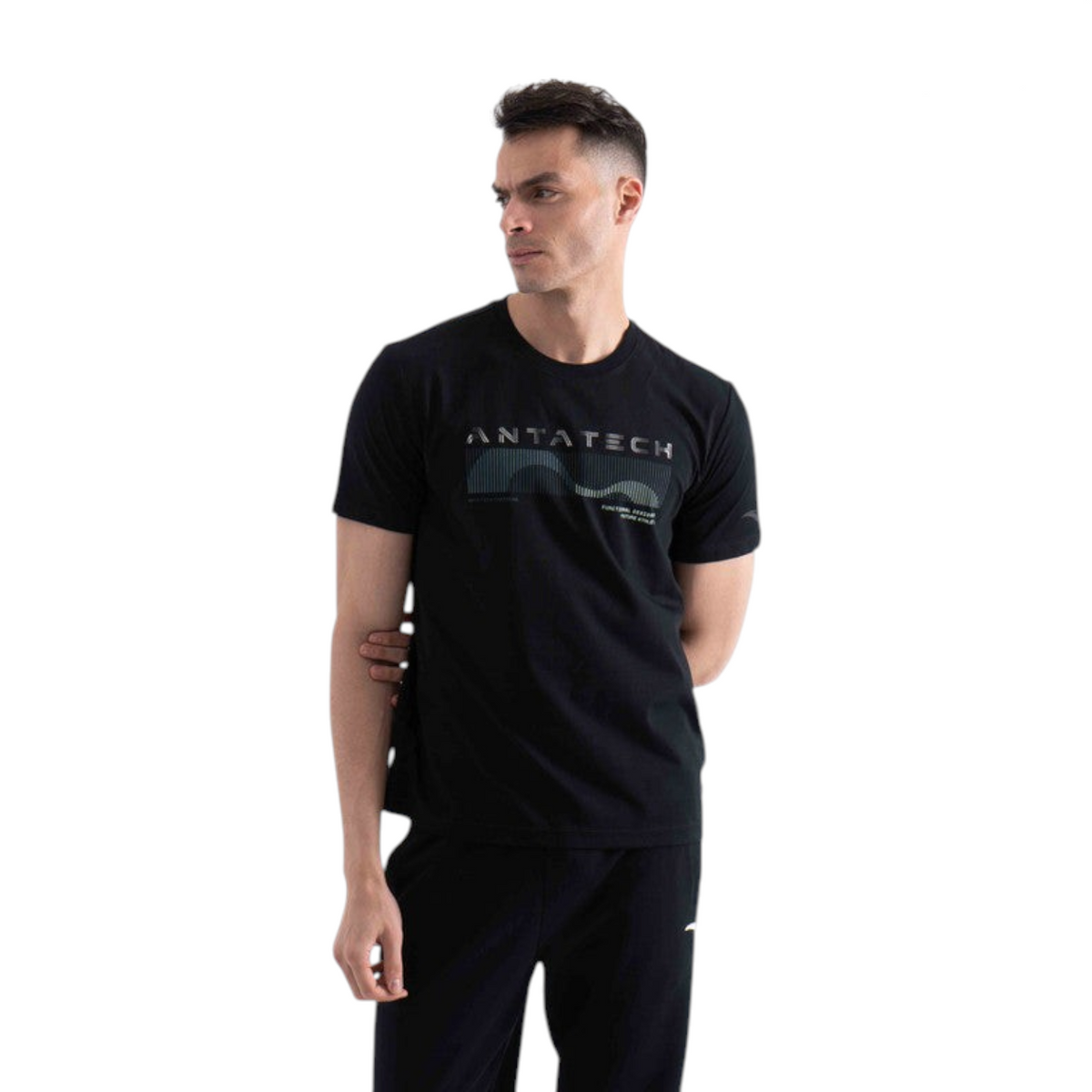 FRG black short sleeve t-shirt with Antatech graphic print worn by a male model against a white background