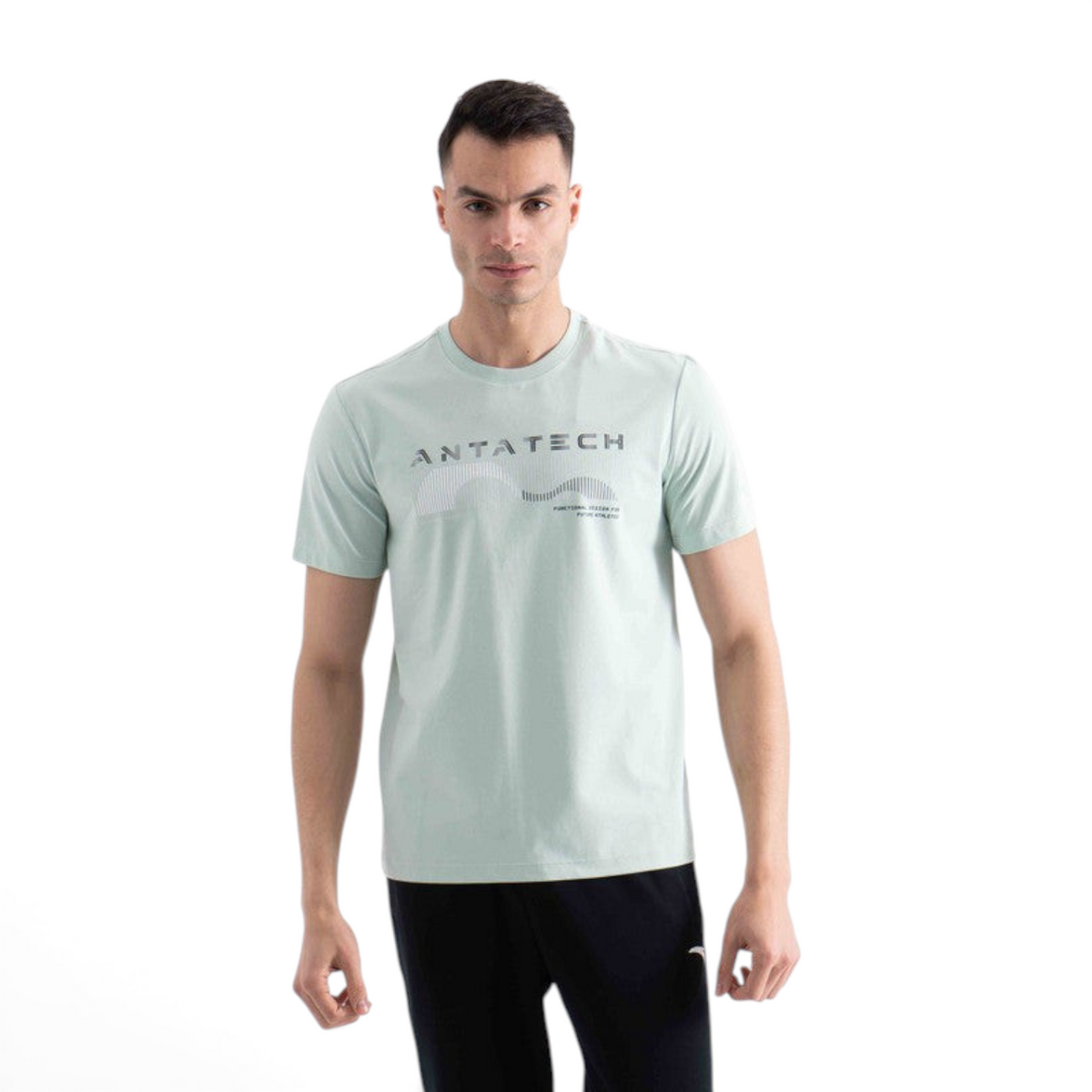 FRG men wearing a light green short-sleeve crew neck t-shirt with Antatech graphic print on the chest
