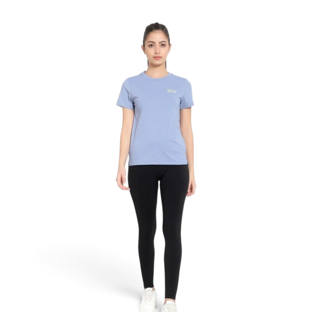 FRG regular fit light blue polyester blend t-shirt worn by a model with black leggings
