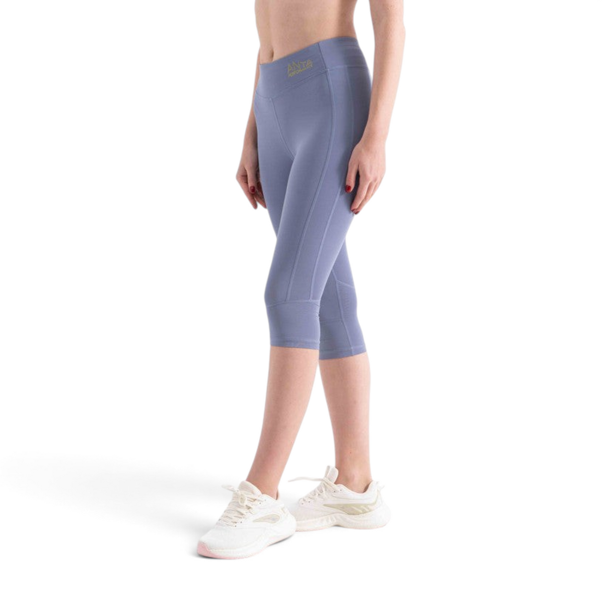 FRG Anta capri tights in light blue polyester spandex blend with a tight fit worn by a model