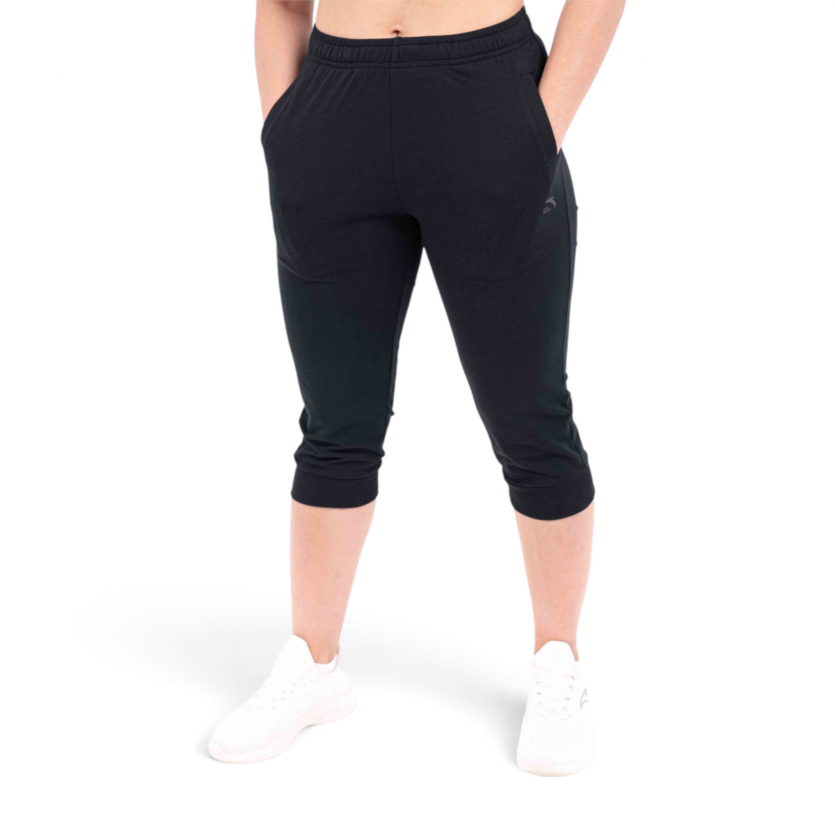 FRG Anta regular fit black capri pants made from a cotton polyester blend with side pockets
