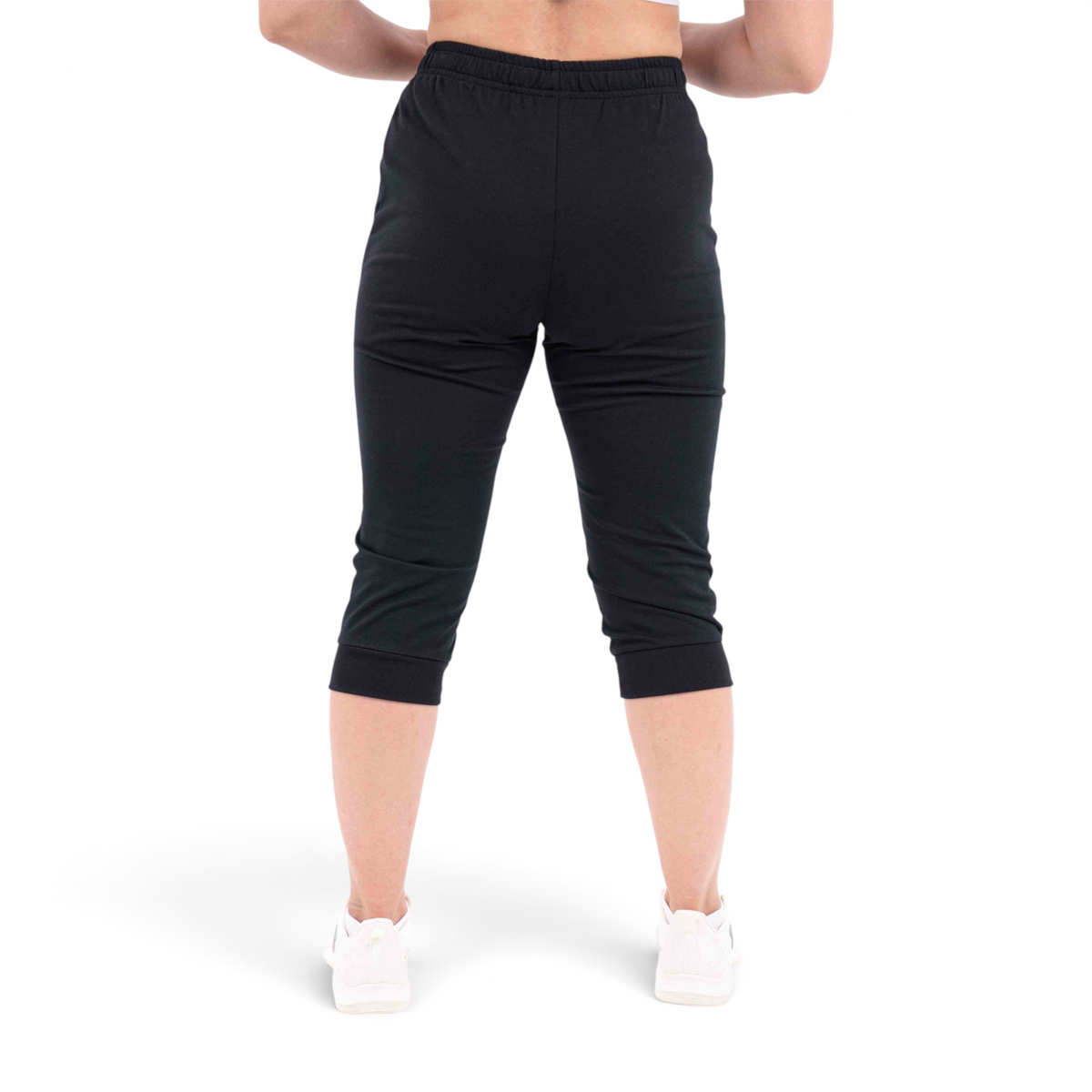 FRG Anta black regular fit capri pants made from a cotton and polyester blend, back view on a model.