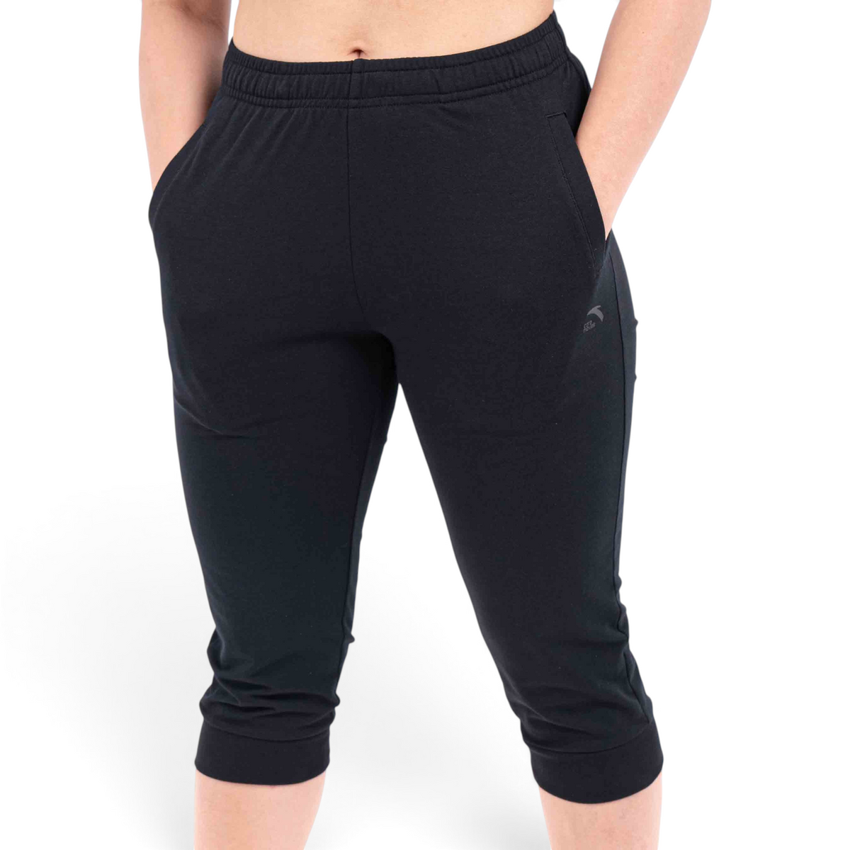 FRG Anta black regular fit capri pants made from a comfortable cotton and polyester blend with side pockets