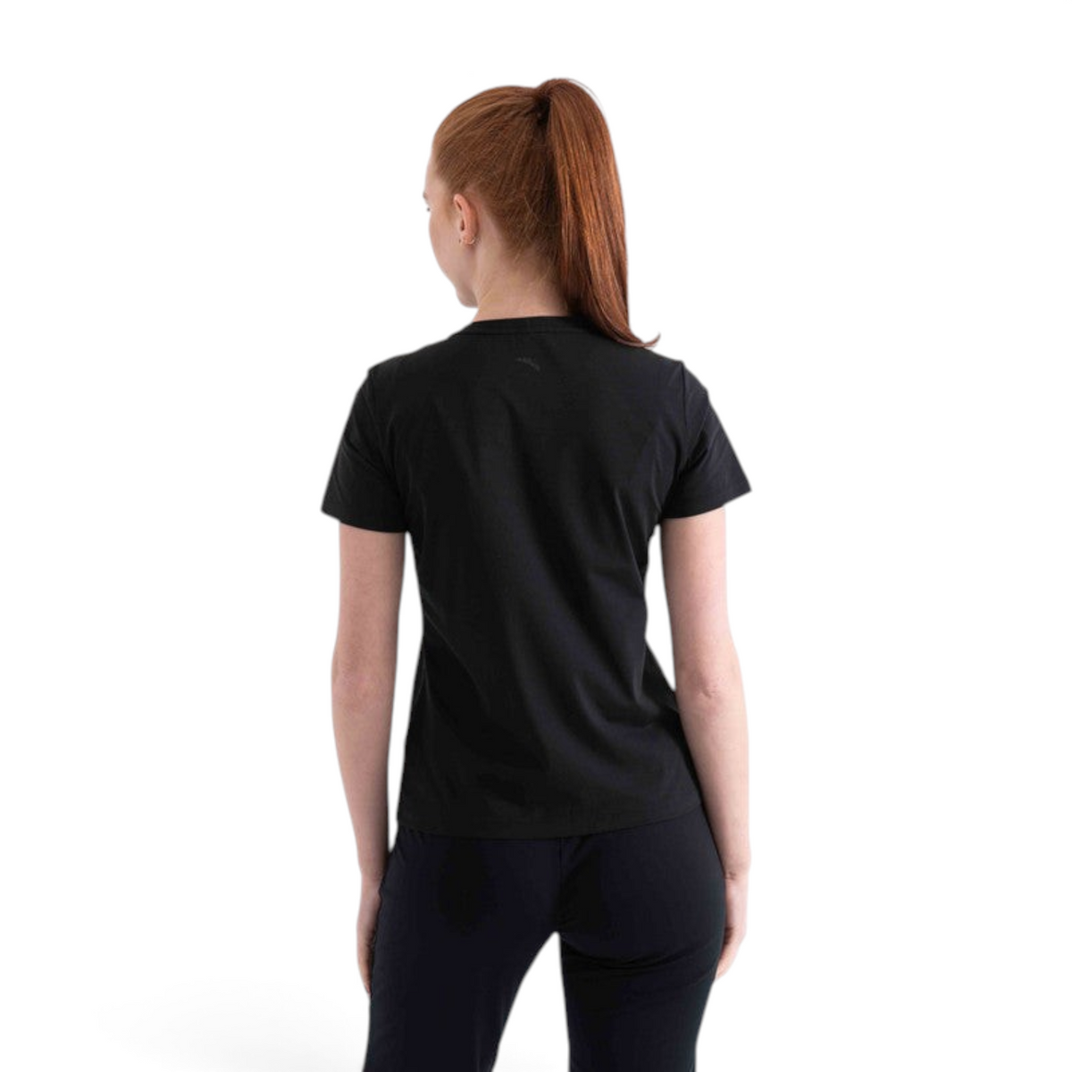 Back view of a woman wearing a black regular fit FRG polyester t-shirt against a white background.