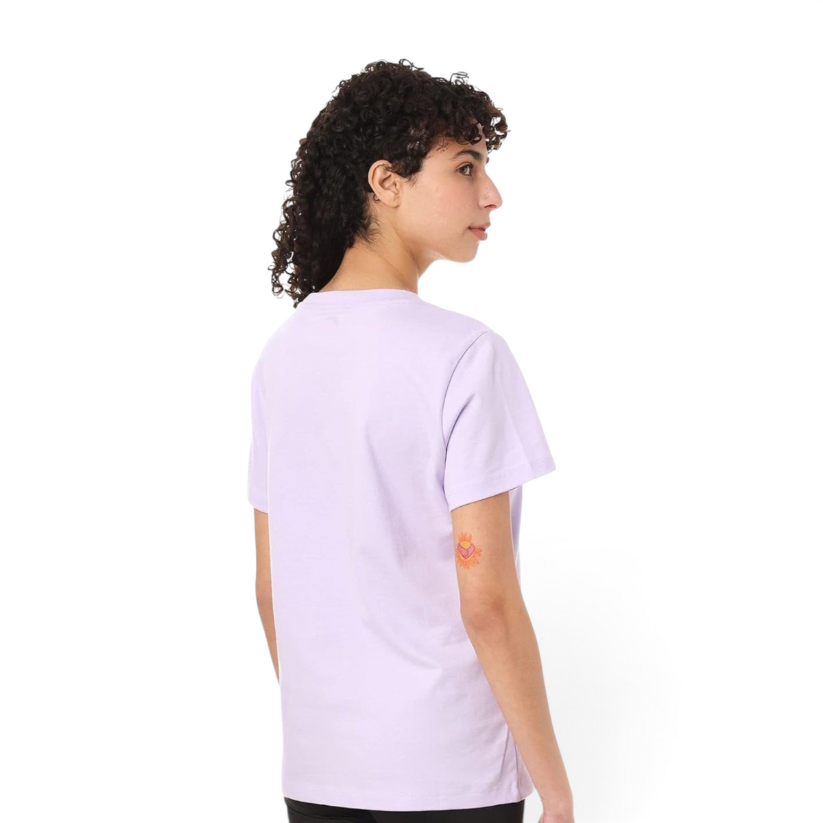Model wearing a plain light purple FRG T-shirt, viewed from the back, showing a classic crew neck fit.
