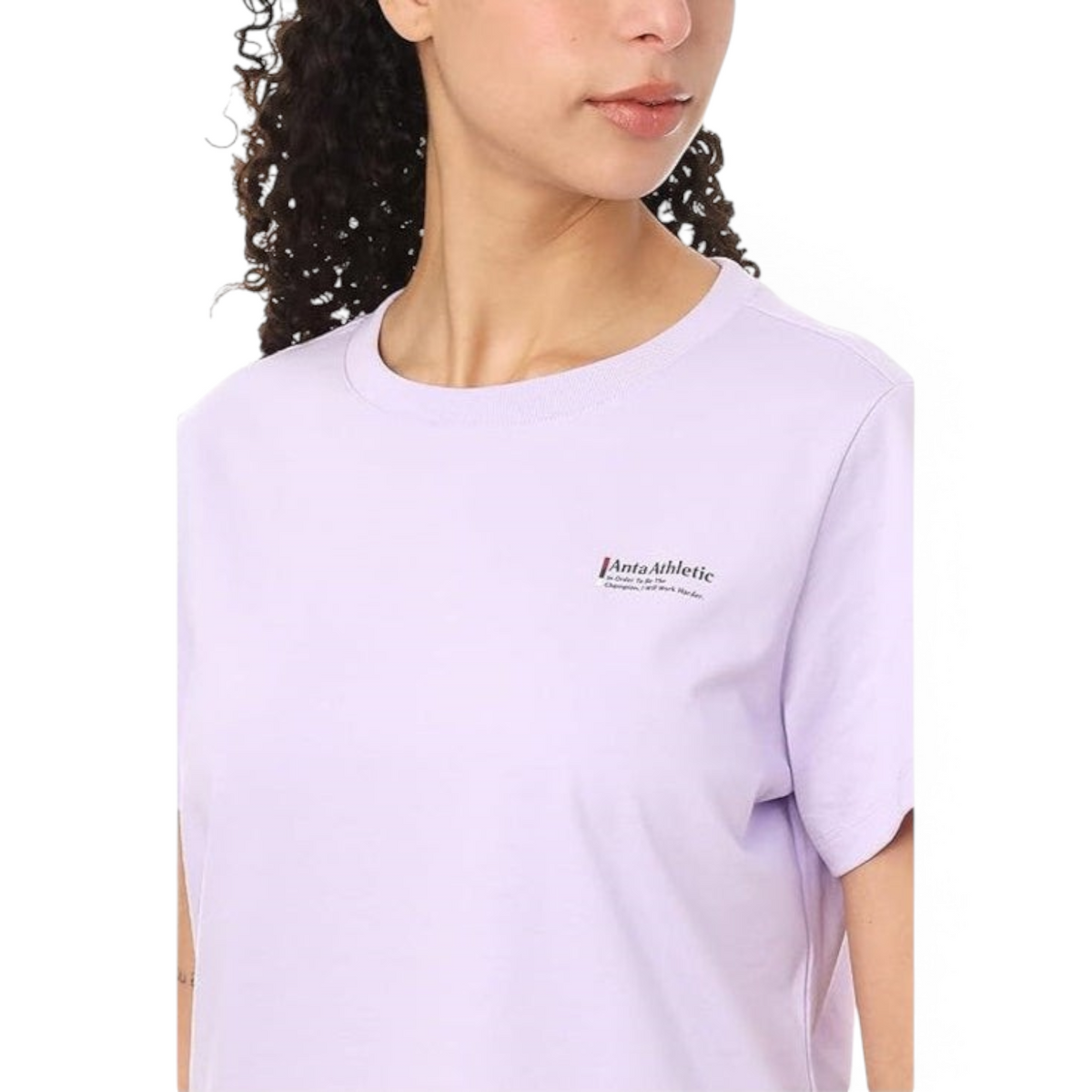 FRG light purple crew neck t-shirt with small Anta Athletic logo on the chest worn by a woman