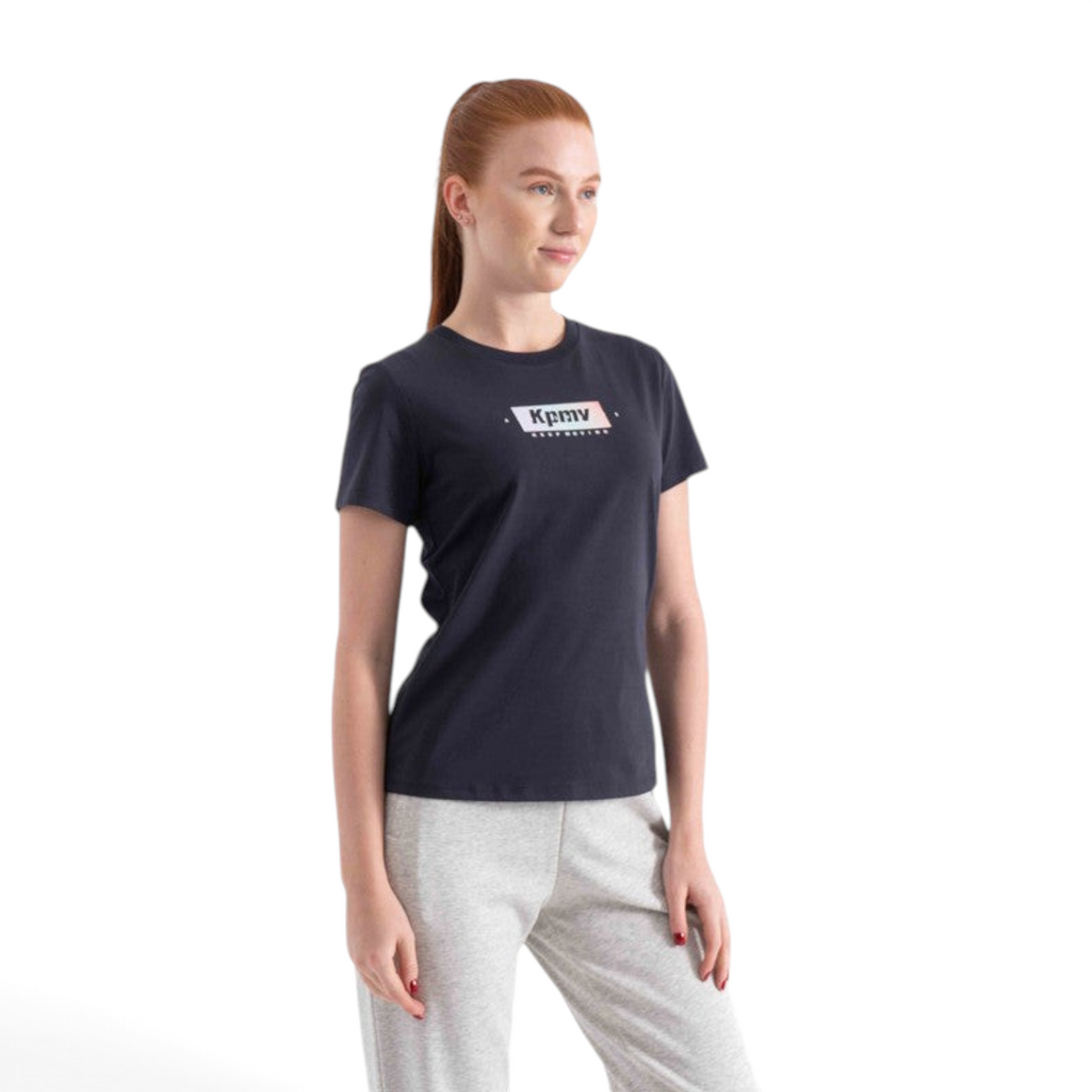 FRG regular fit black cotton blend t-shirt with Kpmv graphic print worn by a woman