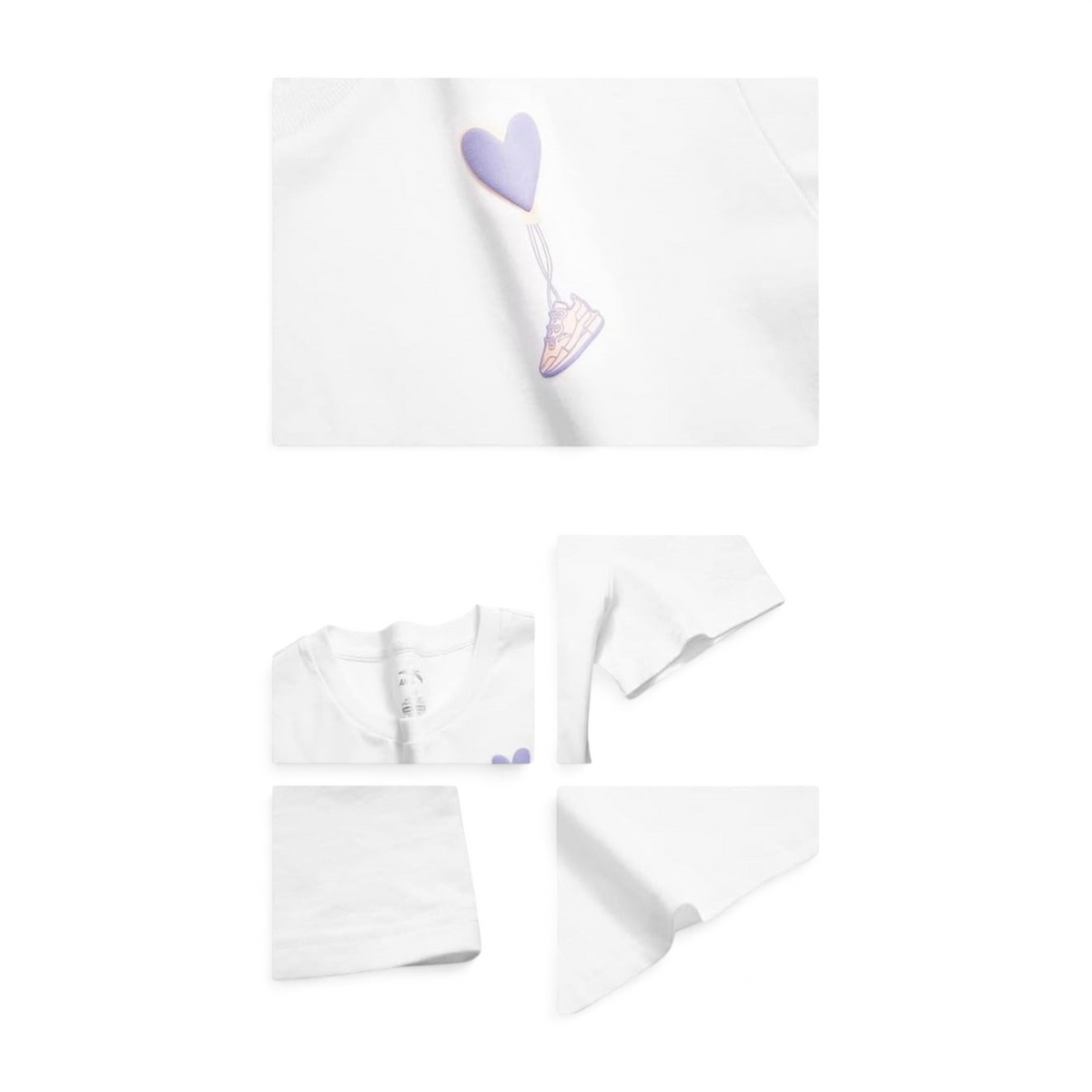 FRG white cotton t-shirt featuring a purple heart balloon graphic attached to a sneaker illustration