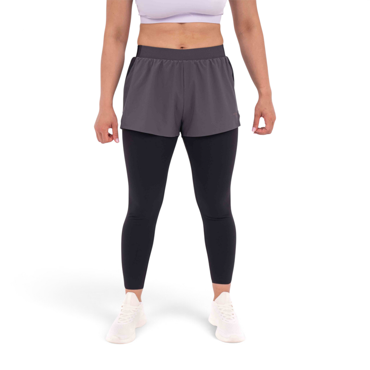 FRG slim fit track pants featuring grey athletic shorts layered over black leggings made of polyester and spandex
