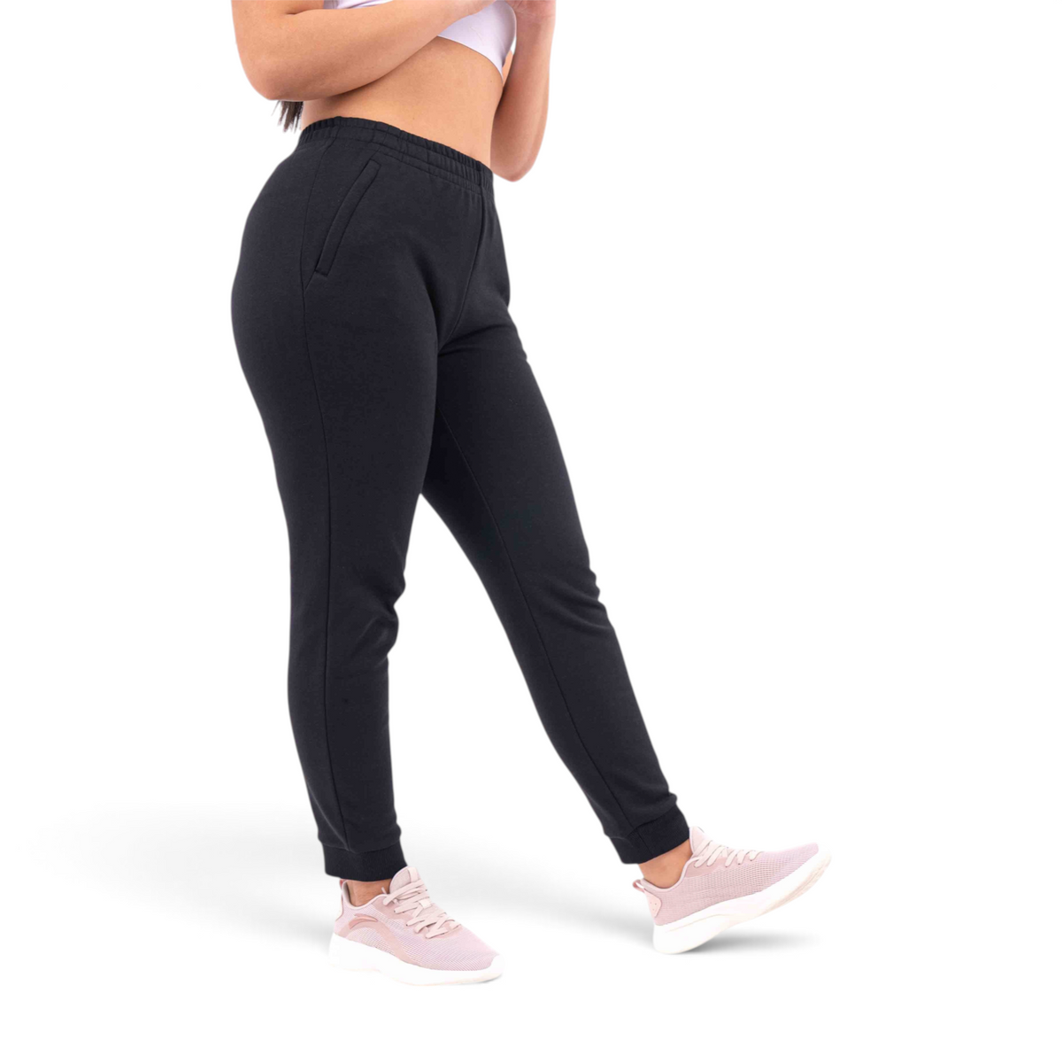 FRG regular fit black knit track pants made from a polyester cotton blend worn by a woman