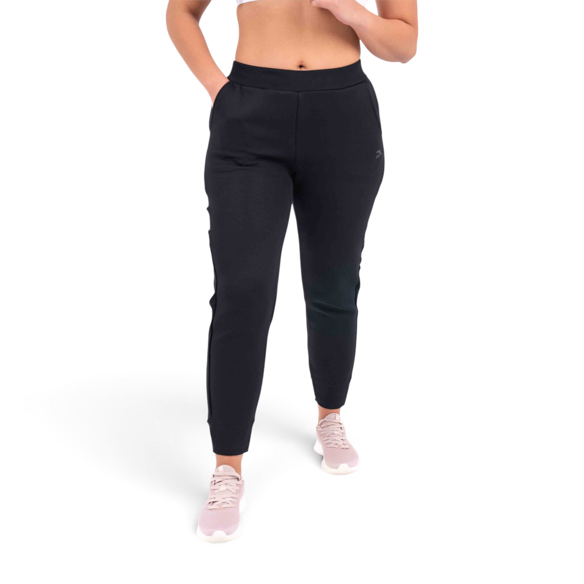 FRG black knit track pants with a regular fit, featuring side pockets and a comfortable elastic waistband.