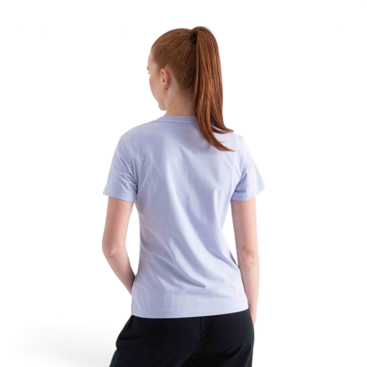 Woman wearing a light purple FRG short sleeve t-shirt, back view, against a plain white background.