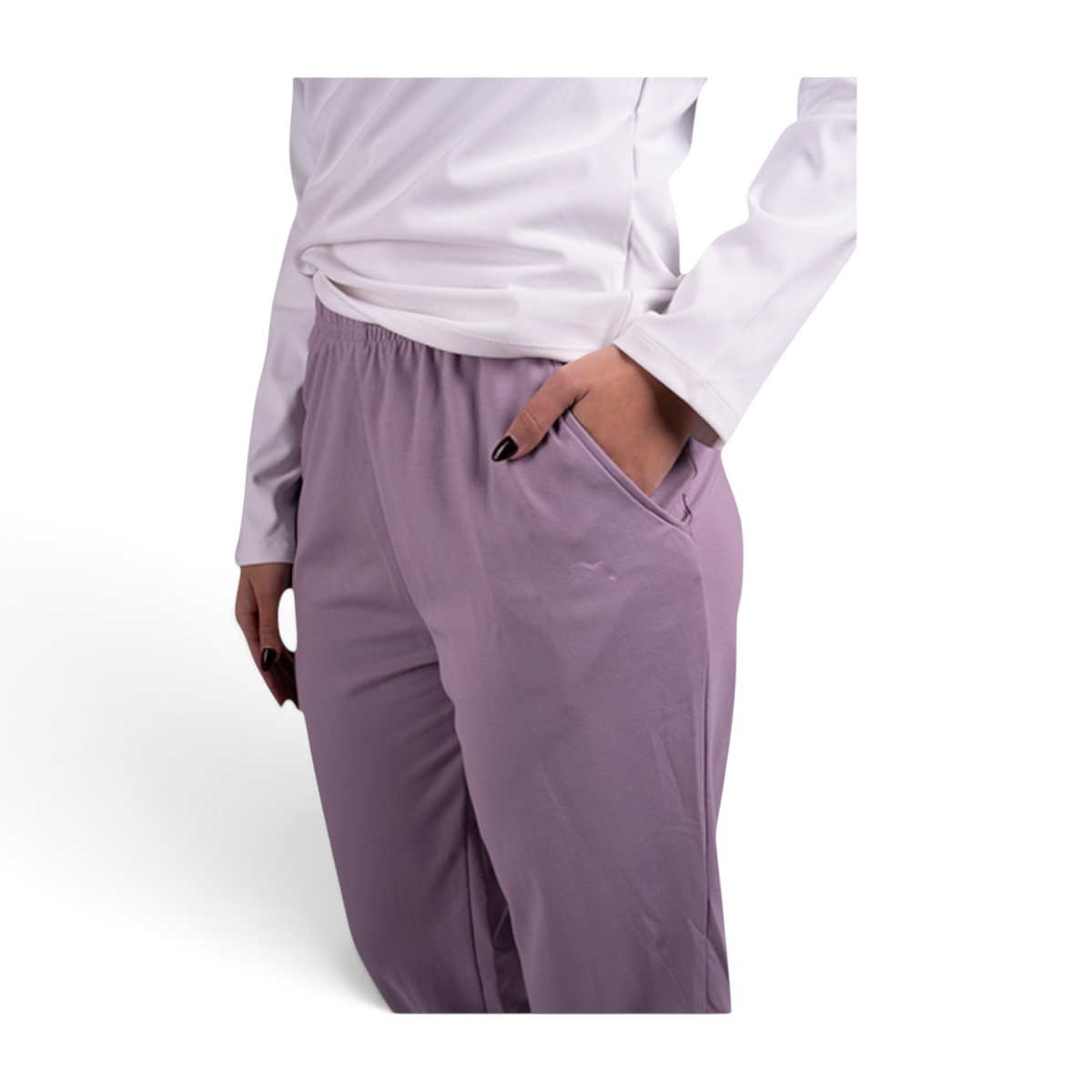 FRG knit ankle pants in a soft lavender shade featuring a comfortable elastic waistband and side pockets