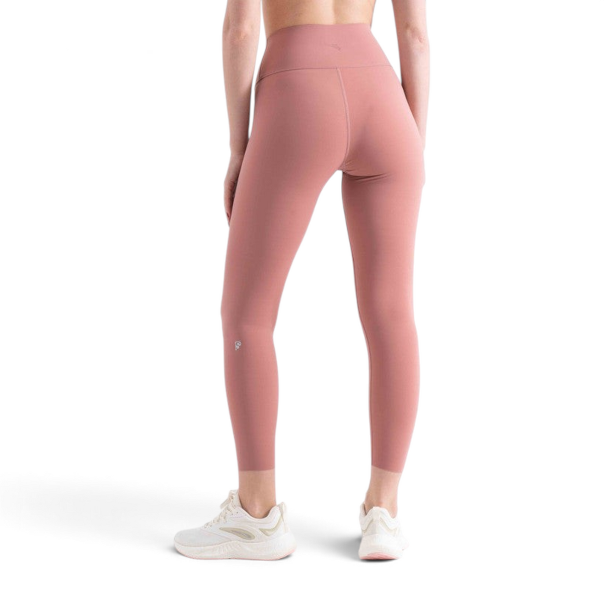 FRG slim fit ankle pants in dusty rose nylon spandex blend, worn by a model from the back view