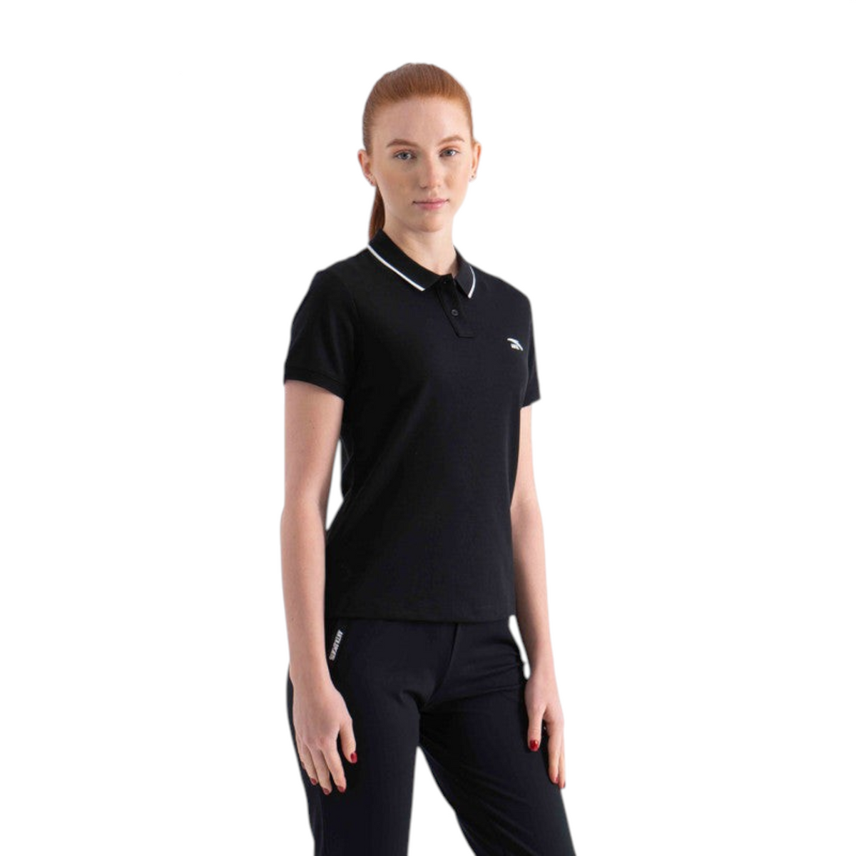 FRG women's black short-sleeve polo shirt with white collar trim and small logo on chest worn by a model