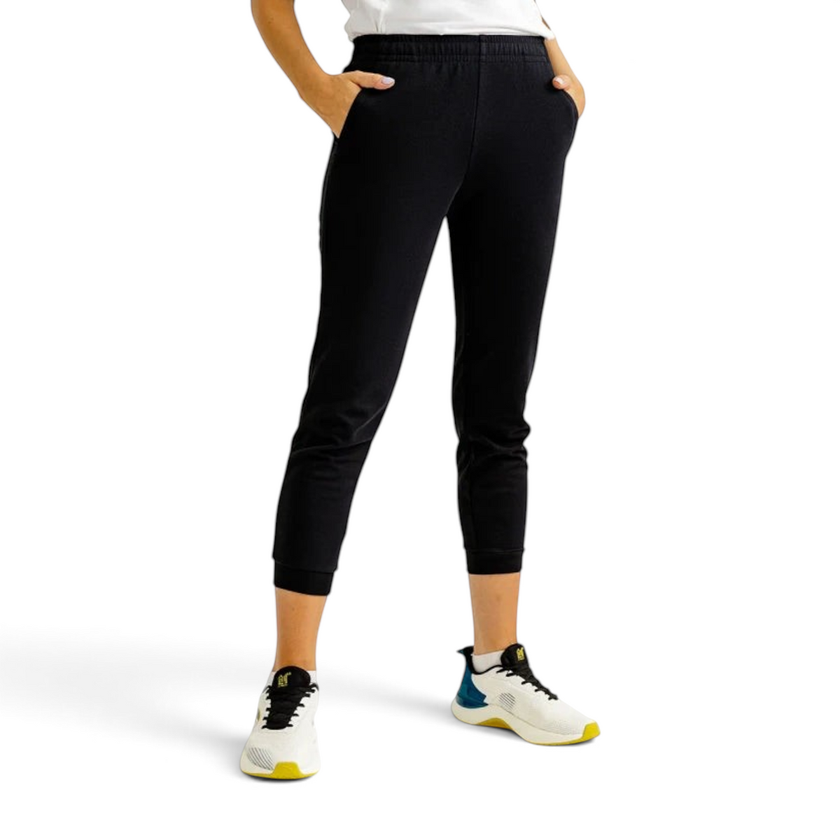 FRG ANTA A-Sports black knit ankle pants with a comfortable elastic waistband and athletic fit on a model