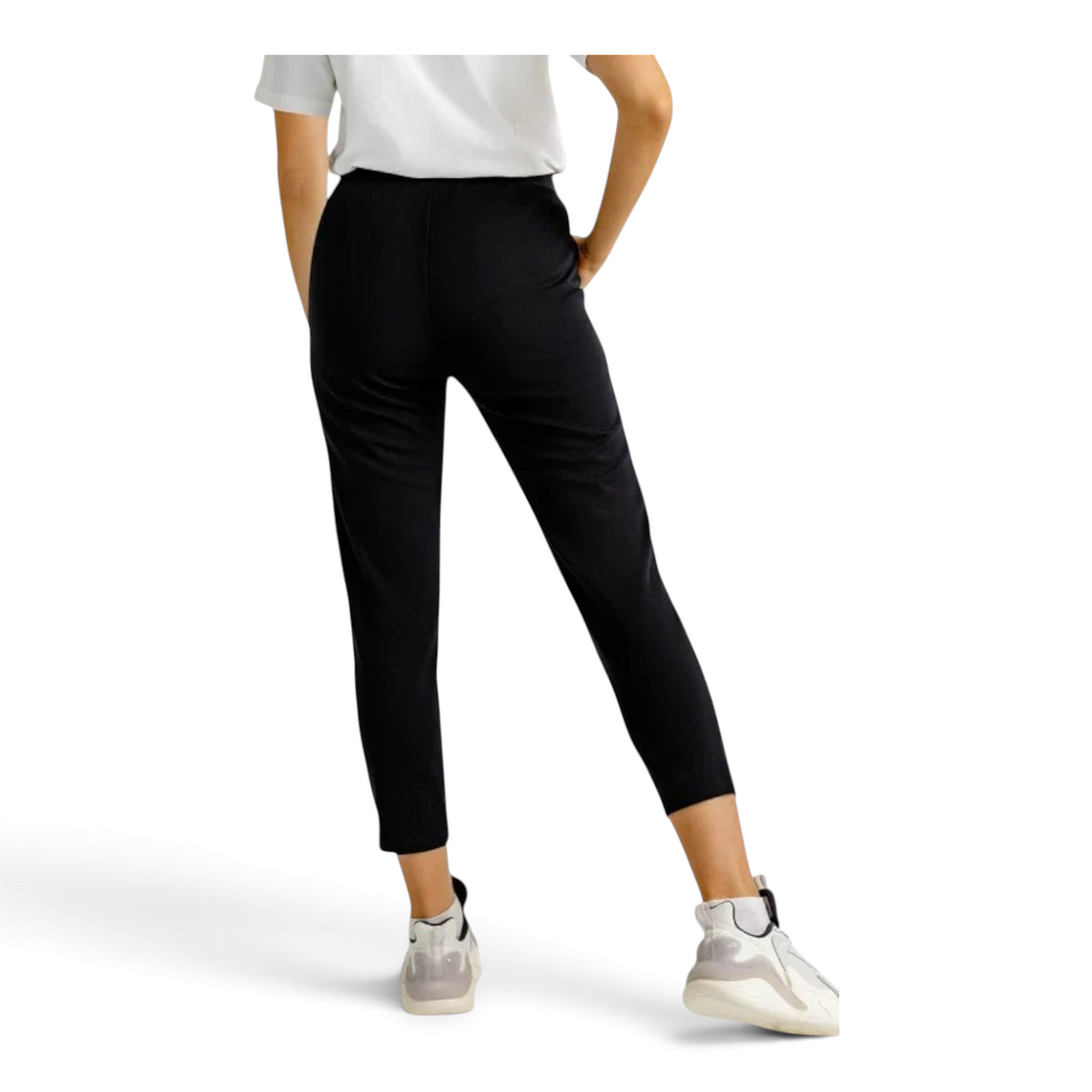 FRG Anta black straight-leg knit cross training pants with elastic waist and zippered pockets, back view