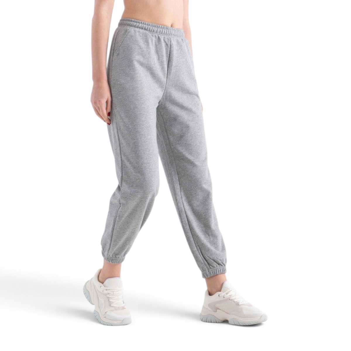 FRG women's grey knit track pants with an elastic waistband and cuffed ankles, styled for a casual lifestyle look.