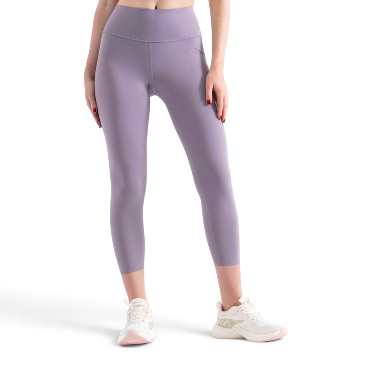 FRG tight ankle pants in light purple, featuring a high-waisted design and stretchy athletic fabric