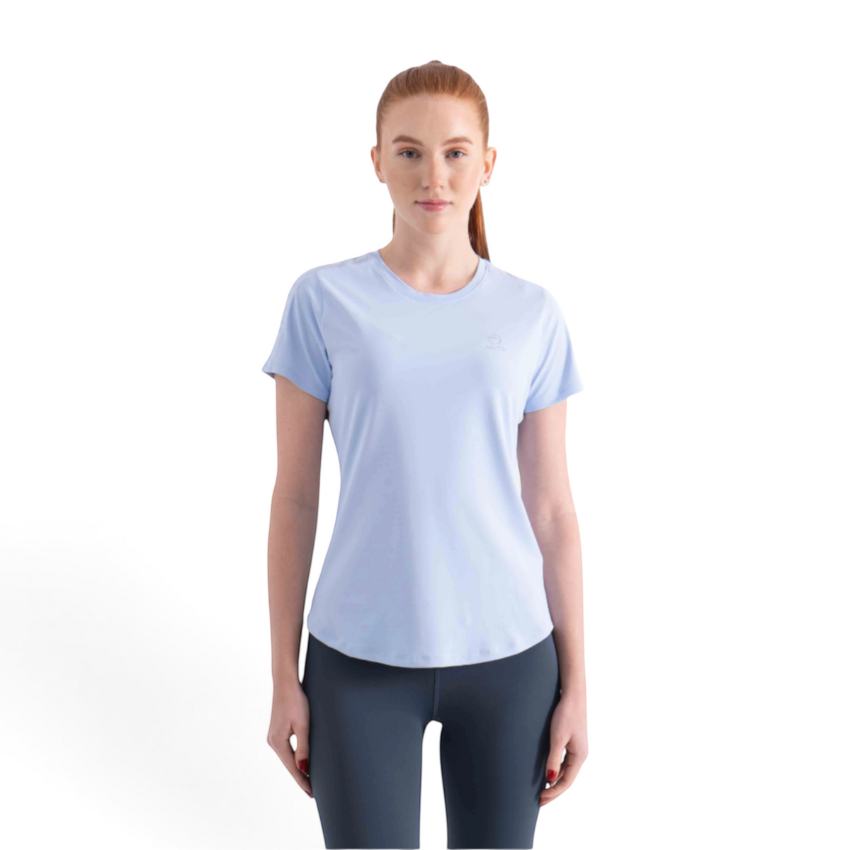 FRG light blue short sleeve athletic t-shirt worn by a woman with red hair against a white background