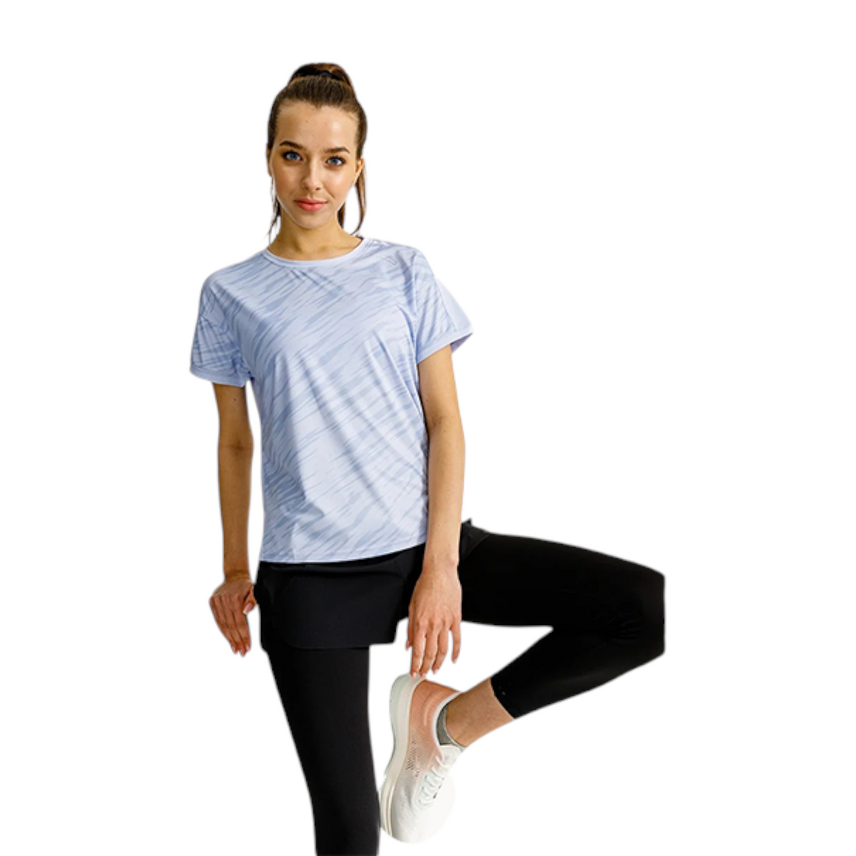 FRG model wearing a purple ANTA recycled yarn short sleeve running t-shirt with a subtle abstract pattern