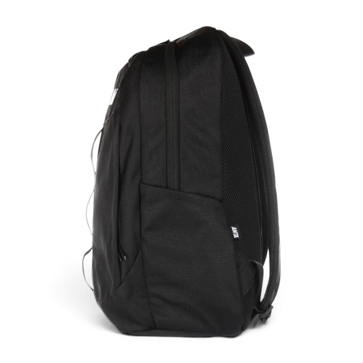 FRG black backpack with side pocket and mesh back panel, side view