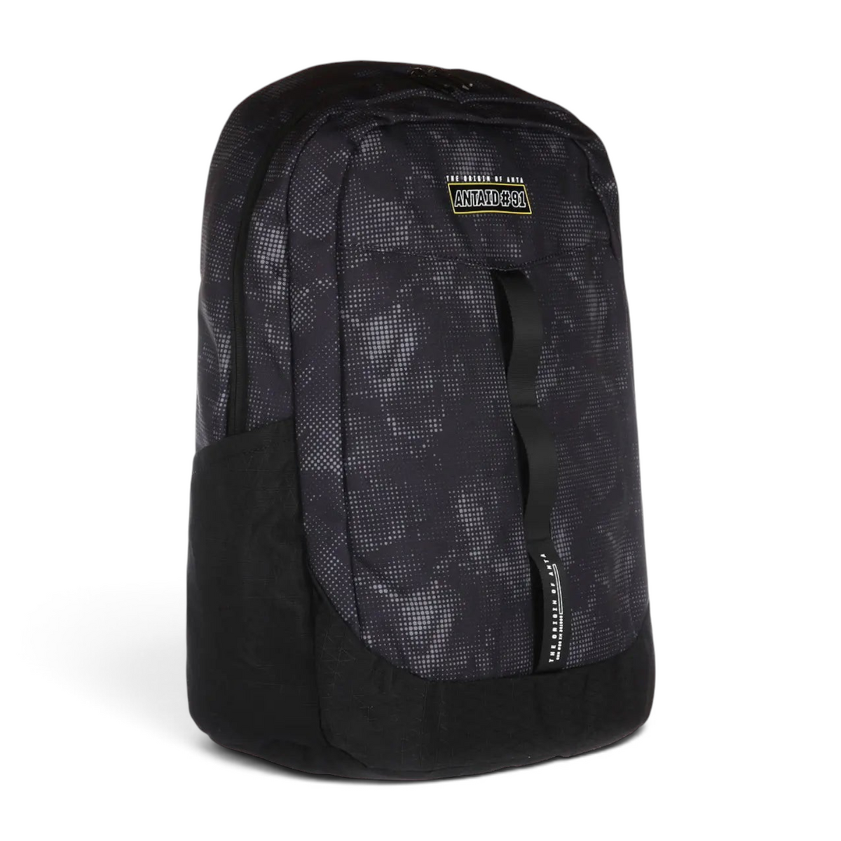 FRG black backpack featuring a grey pixelated camo pattern, front zip pocket, and branded logo patch