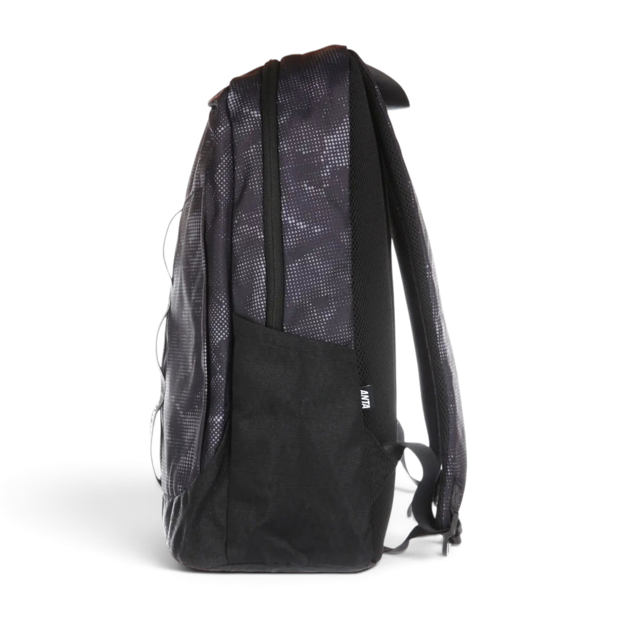 FRG backpack in black with a grey dotted pattern, featuring side pockets and padded shoulder straps