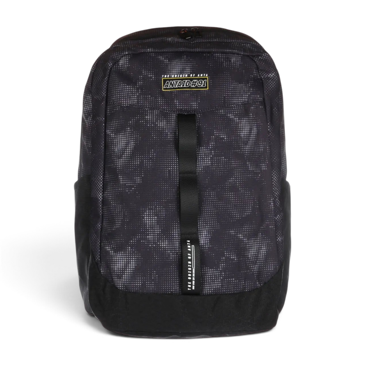 FRG black backpack with a grey pixelated camo pattern, yellow logo patch, and vertical branded webbing strap