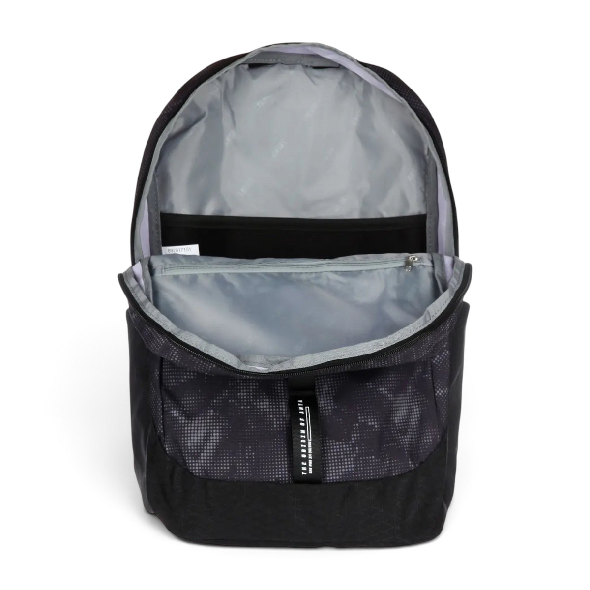 FRG black backpack with a patterned exterior, grey interior lining, and zippered storage compartments