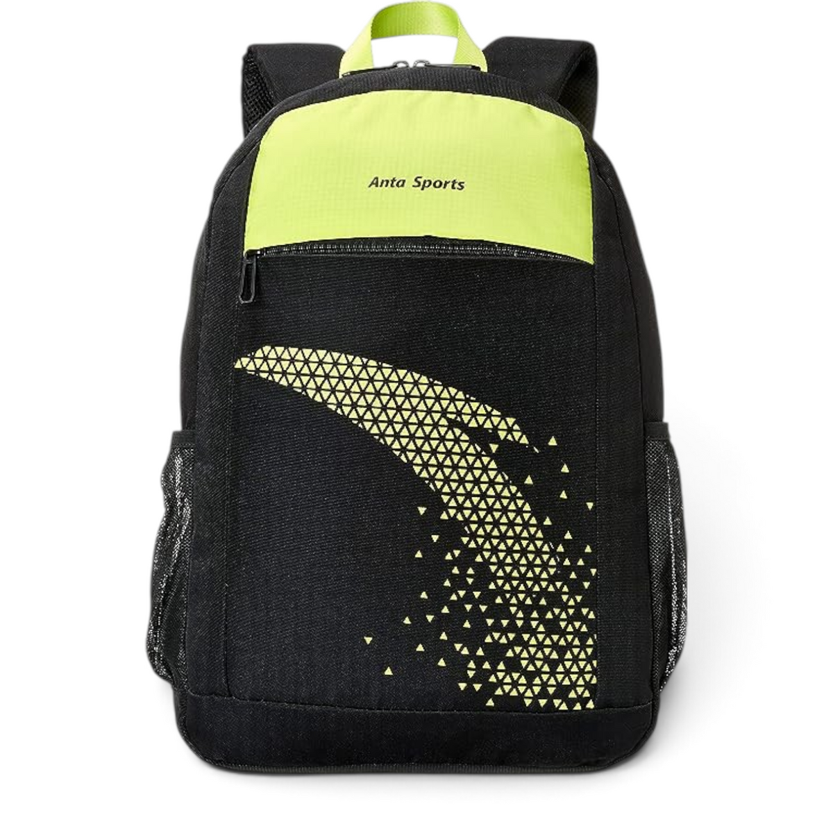 FRG backpack in black with neon yellow accents, featuring a geometric triangle pattern and side mesh pockets.
