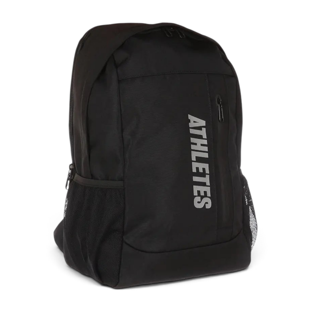 FRG black backpack with Athletes text print, featuring a front zip pocket and side mesh compartments