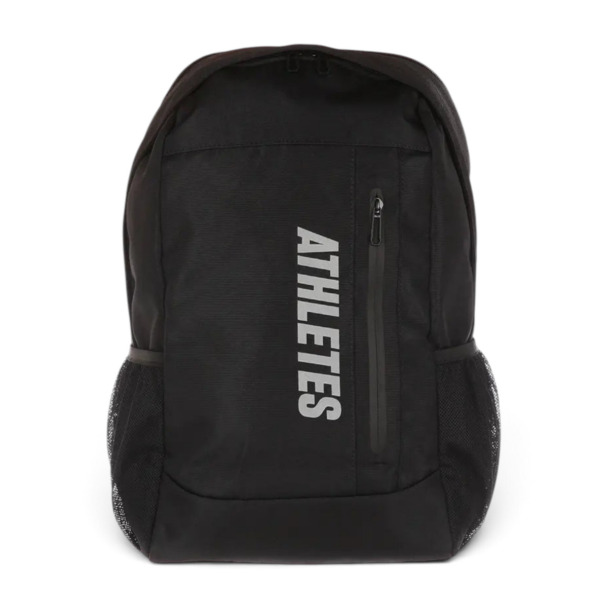 FRG black backpack with ATHLETES text, featuring a front zip pocket and side mesh compartments.