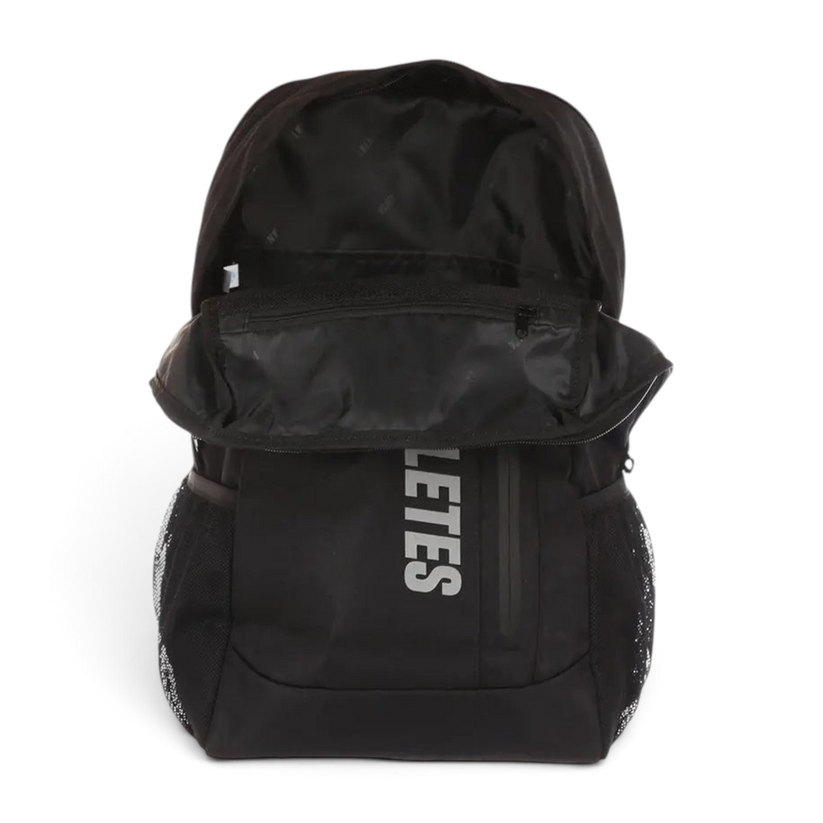 FRG black backpack with white lettering, featuring a spacious main compartment and side mesh pockets