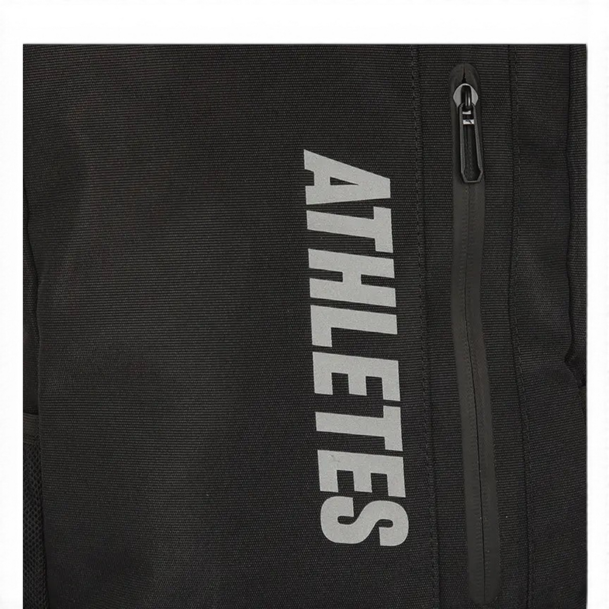 FRG black backpack featuring a vertical reflective ATHLETES print and a durable zippered front pocket.