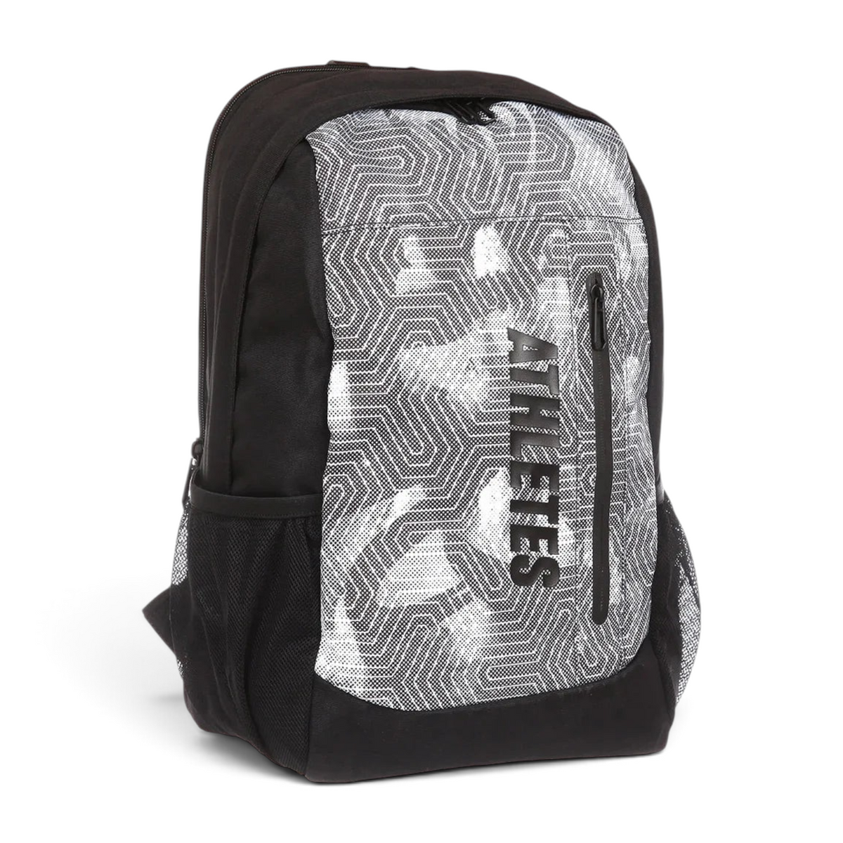 FRG black and white patterned backpack with Athletes text and side mesh pockets
