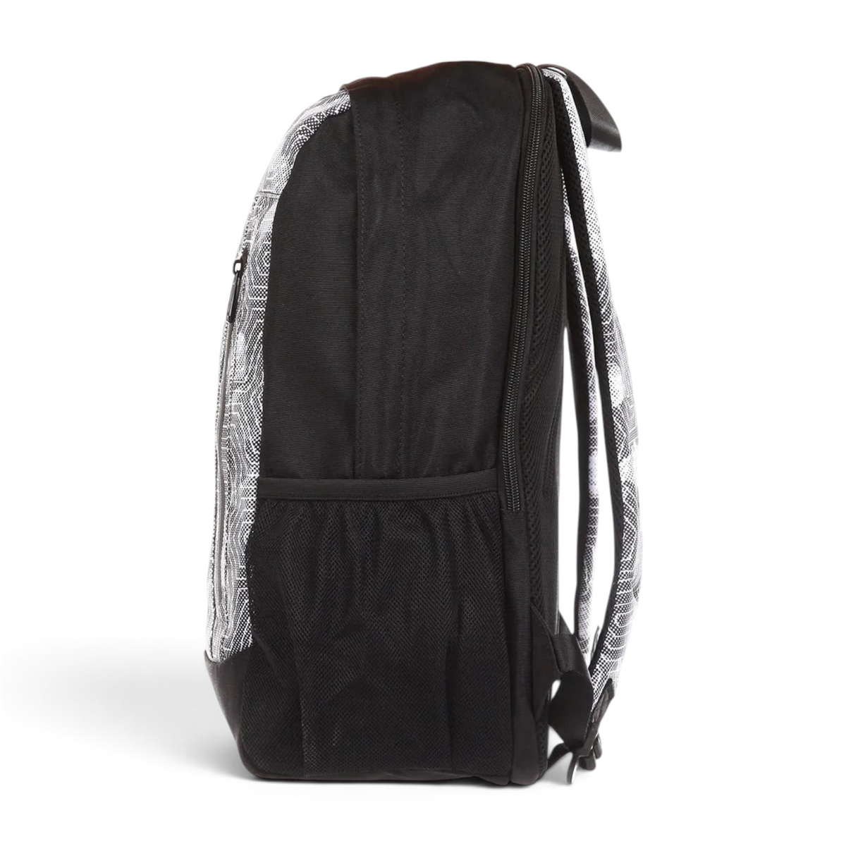 FRG backpack in black and white with a patterned design, featuring side mesh pockets and adjustable shoulder straps.