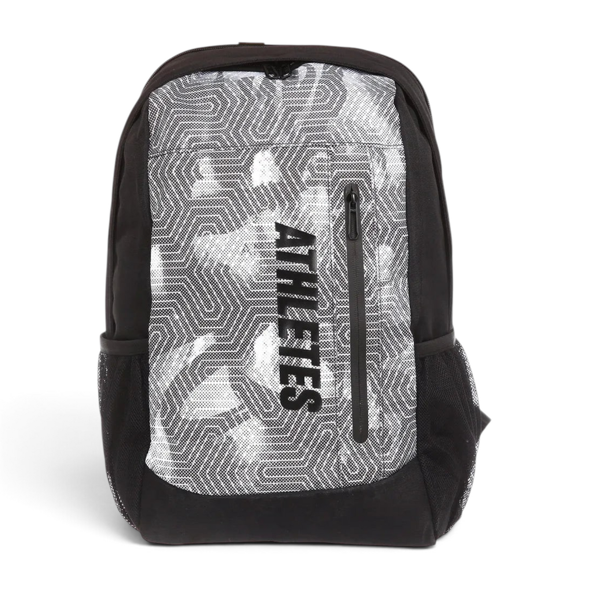 FRG backpack in black and white with a geometric pattern, front zip pocket, and Athletes text logo.