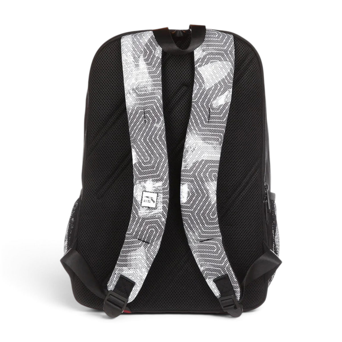 FRG backpack featuring black mesh back panel and white patterned shoulder straps with geometric design