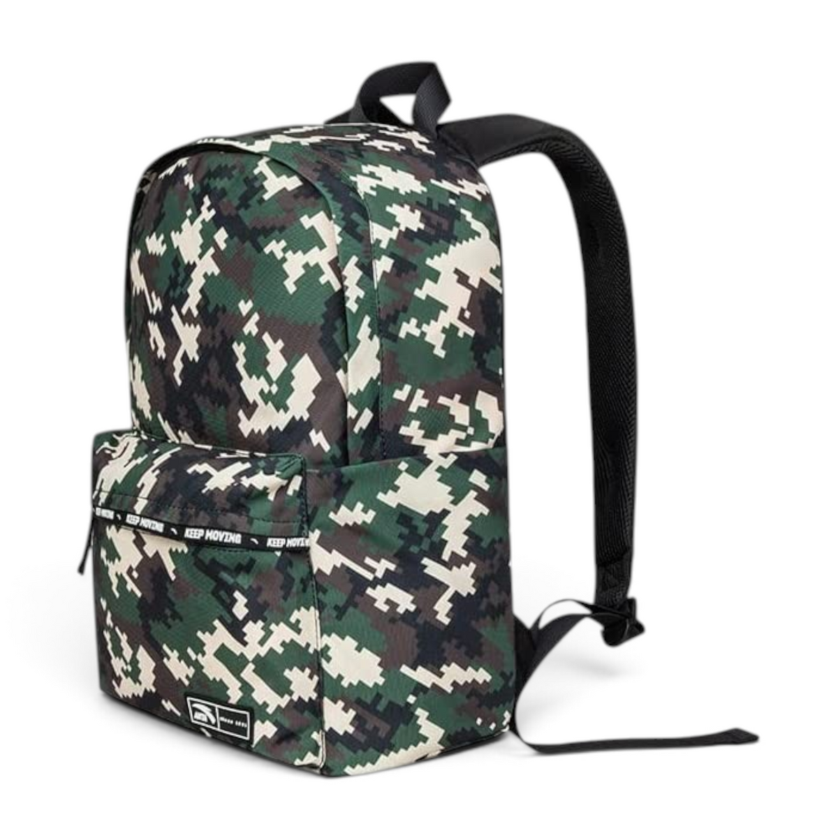 FRG backpack in green digital camouflage print with black straps and a front pocket featuring Keep Moving text