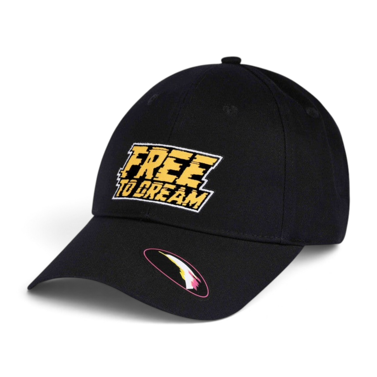 FRG SUNBONNET black baseball cap with yellow Free To Dream embroidered text and a small lightning bolt graphic