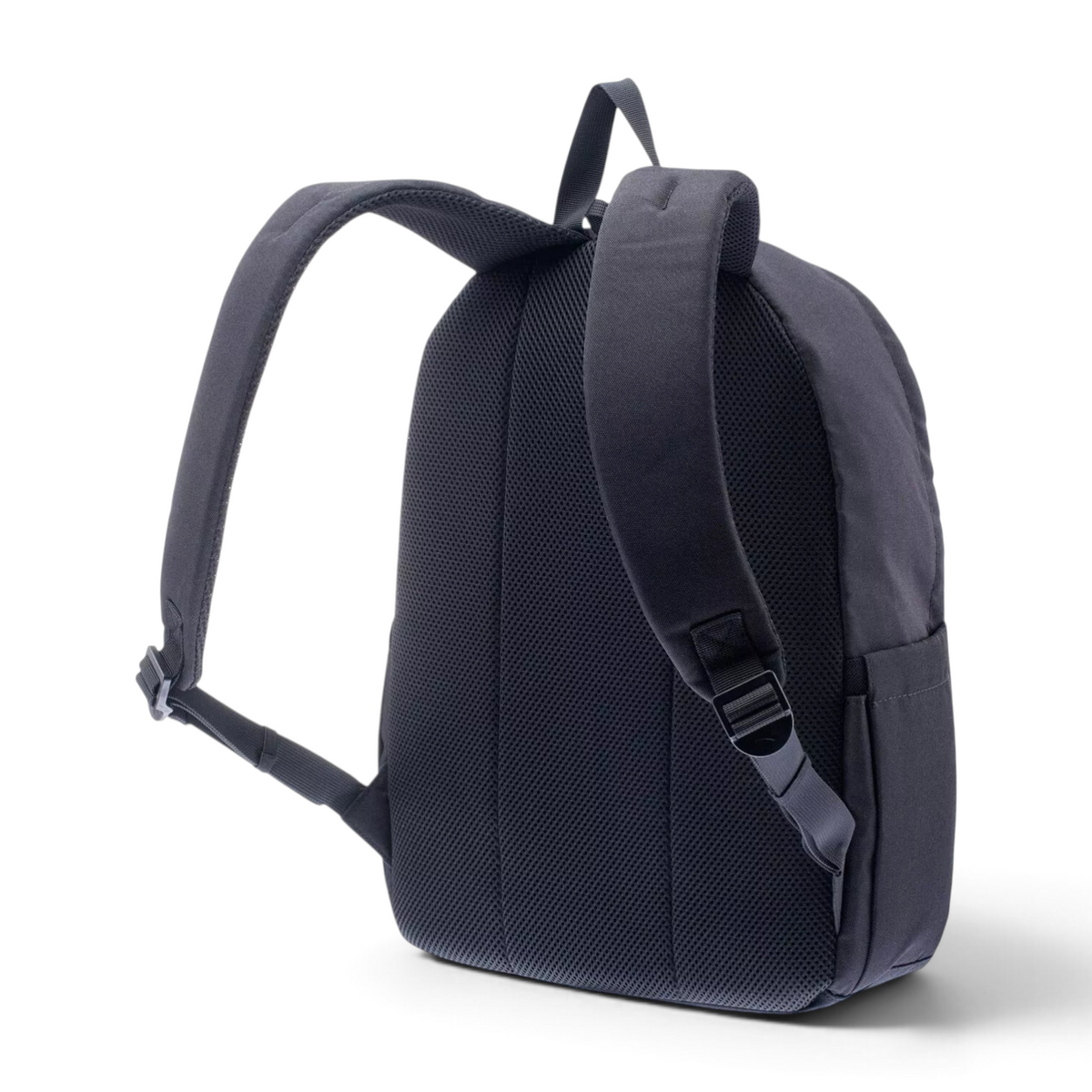 FRG black backpack with padded mesh back panel and adjustable shoulder straps, rear view