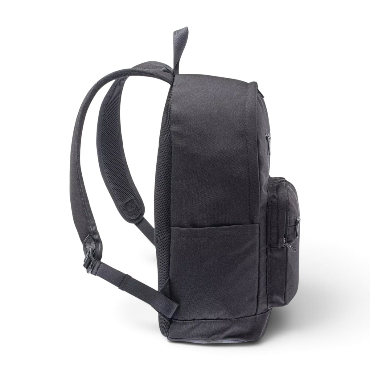 FRG black backpack with padded shoulder straps and front zipper pocket, side profile view