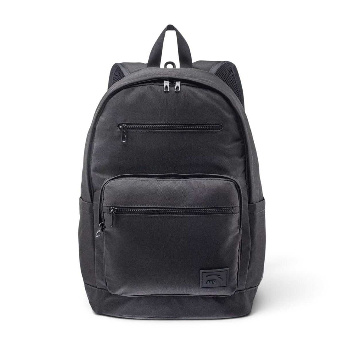 FRG black minimalist backpack with two front zippered pockets and top handle for daily use