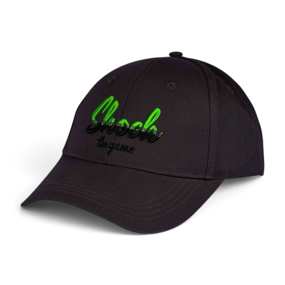 FRG SUNBONNET black baseball cap with green and black embroidered Shock the game text on the front
