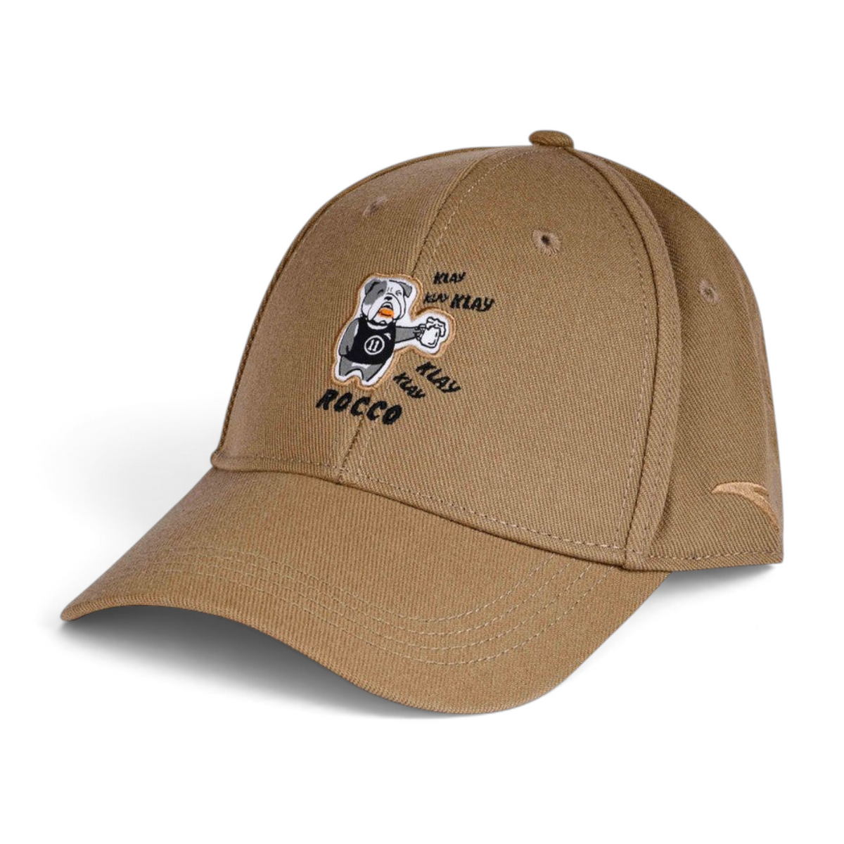 FRG tan baseball cap featuring an embroidered Rocco bulldog graphic and Klay text on the front panel