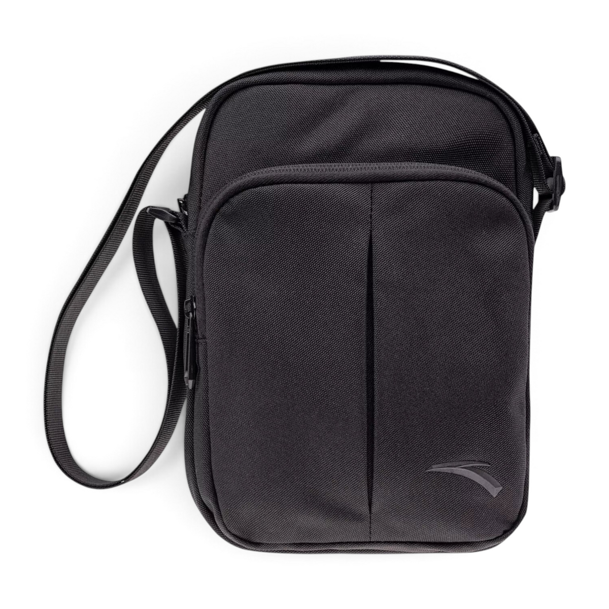 FRG black polyester satchel bag with an adjustable shoulder strap and a front zippered pocket