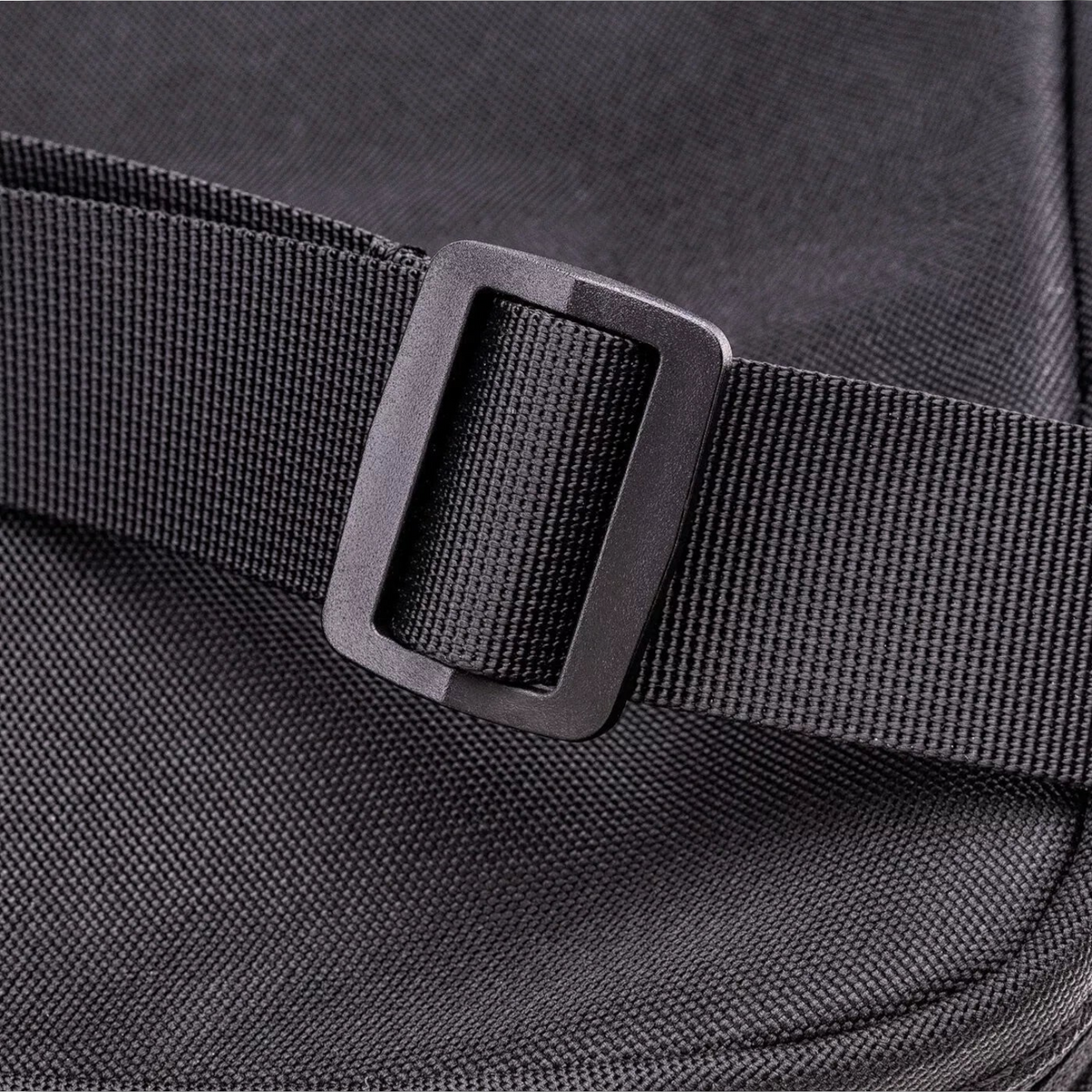 FRG black polyester satchel bag featuring a durable adjustable strap with a sturdy plastic buckle detail