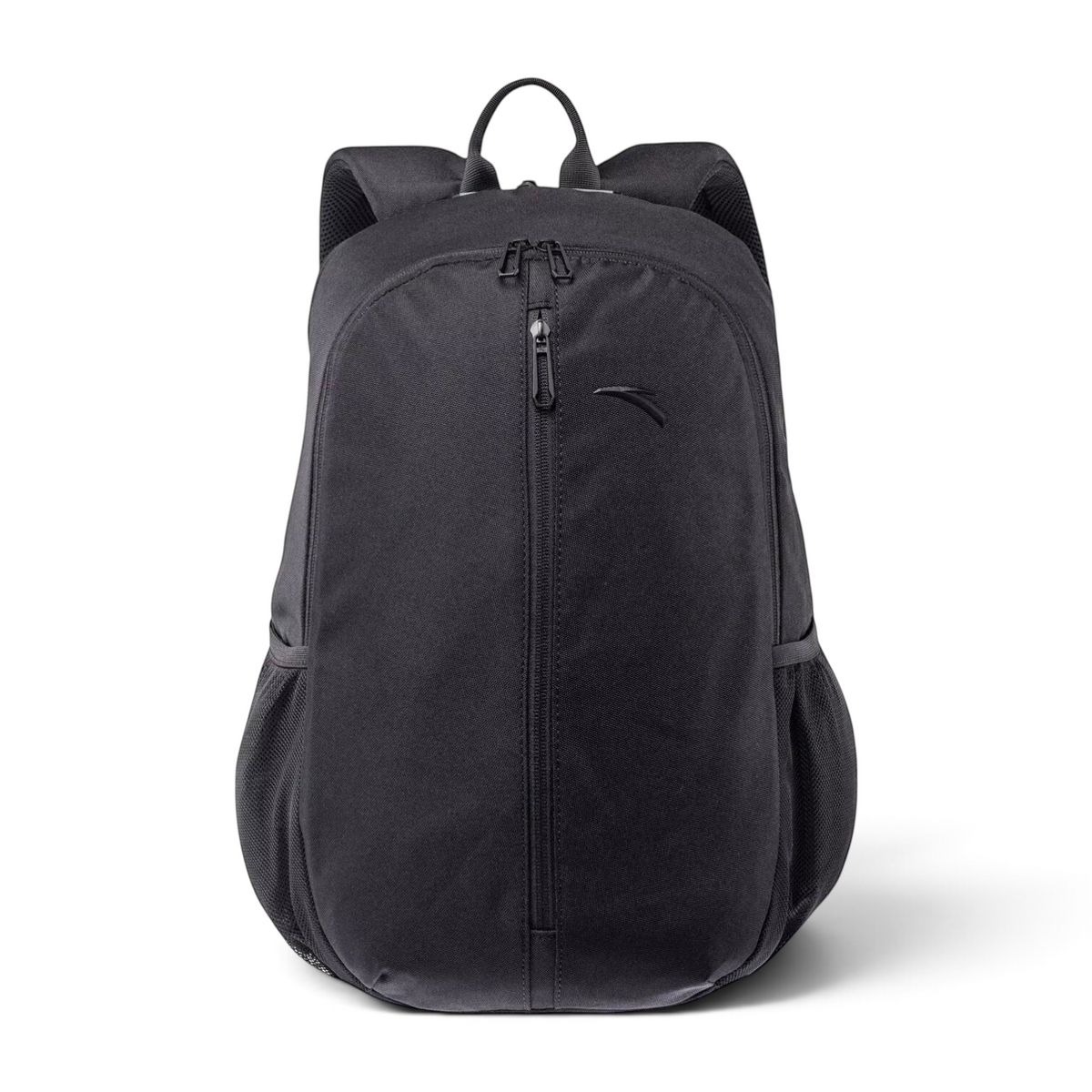 FRG black minimalist backpack with a vertical front zipper and side mesh pockets